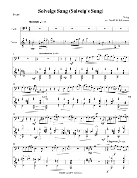 Solveigs Sang Solveigs Song For Cello And Guitar Sheet Music