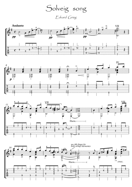 Free Sheet Music Solveigs Song By Grieg For Classical Guitar