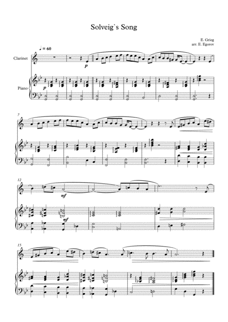 Solveigs Song Edvard Grieg For Clarinet Piano Sheet Music