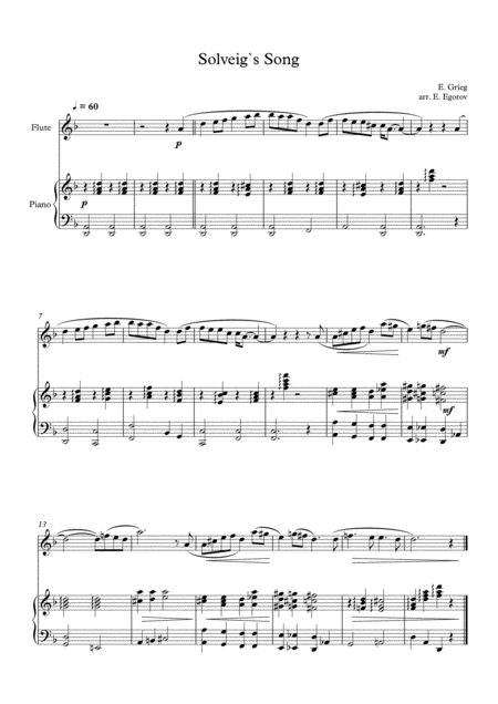 Solveigs Song Edvard Grieg For Flute Piano Sheet Music