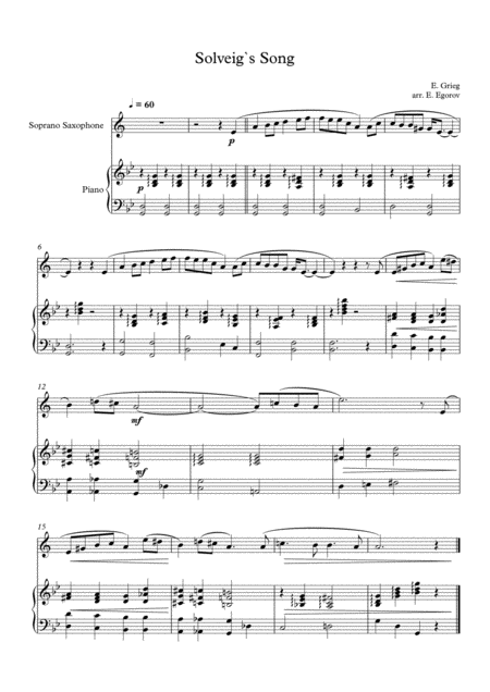 Solveigs Song Edvard Grieg For Soprano Saxophone Piano Sheet Music