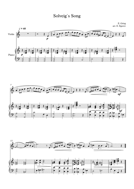 Solveigs Song Edvard Grieg For Violin Piano Sheet Music