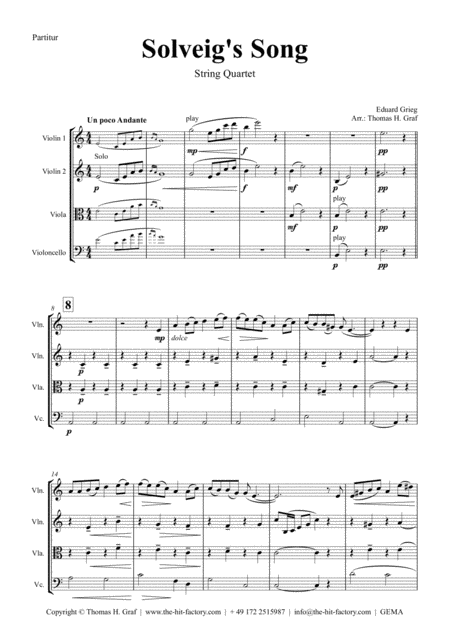 Free Sheet Music Solveigs Song From Peer Gynt Suite String Quartet