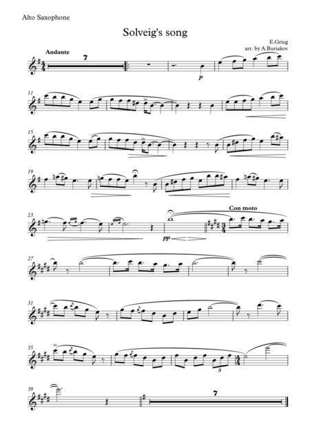 Solveigs Song From Per Gunt Suite 1 Sheet Music