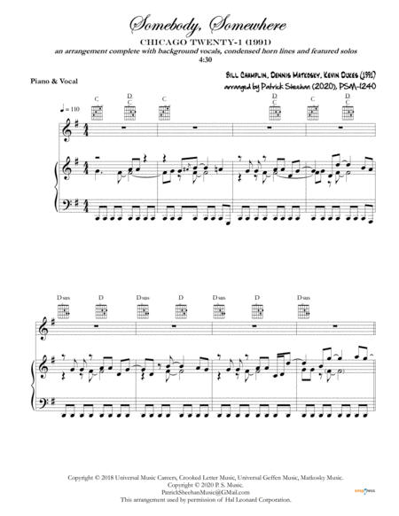 Somebody Somewhere Chicago Piano Vocal Guitar Sheet Music