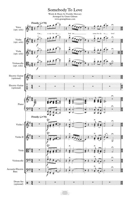 Somebody To Love Arranged In 2 Keys For String Orchestra And Piano With Solo String Or Vocal And Optional Guitar And Drums Sheet Music