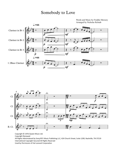 Somebody To Love Clarinet Choir Sheet Music