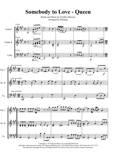 Free Sheet Music Somebody To Love Queen Arranged For String Trio