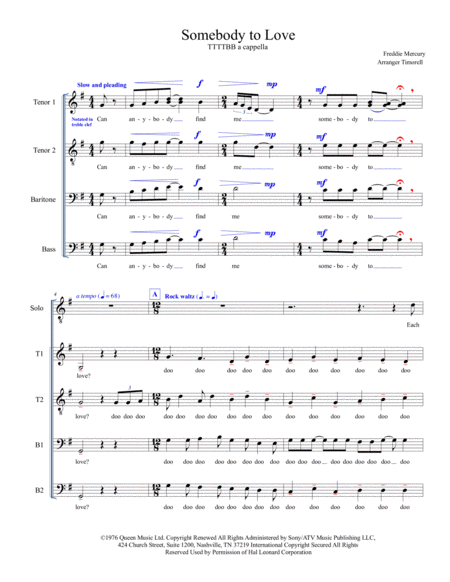 Somebody To Love Ttttbb Solo As Performed By Tonewall Queer A Cappella Sheet Music