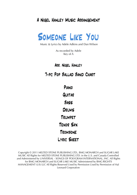 Someone Like You 7pc Pop Ballad Band Chart In A Sheet Music