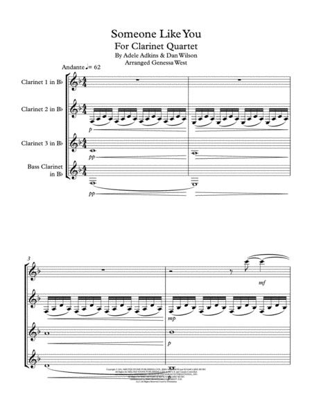 Free Sheet Music Someone Like You By Adele For Clarinet Quartet