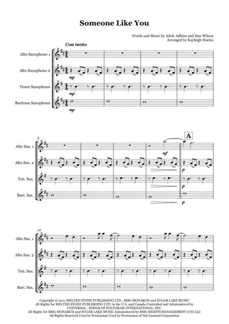 Someone Like You By Adele Saxophone Quartet Aatb Sheet Music