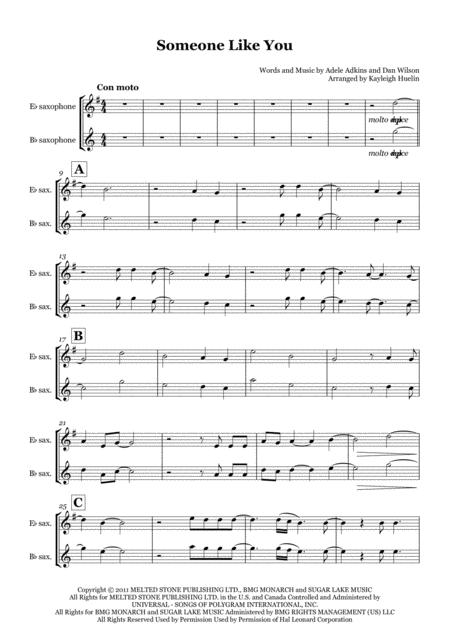 Someone Like You By Adele Solo Saxophone In Eb Bb Sheet Music