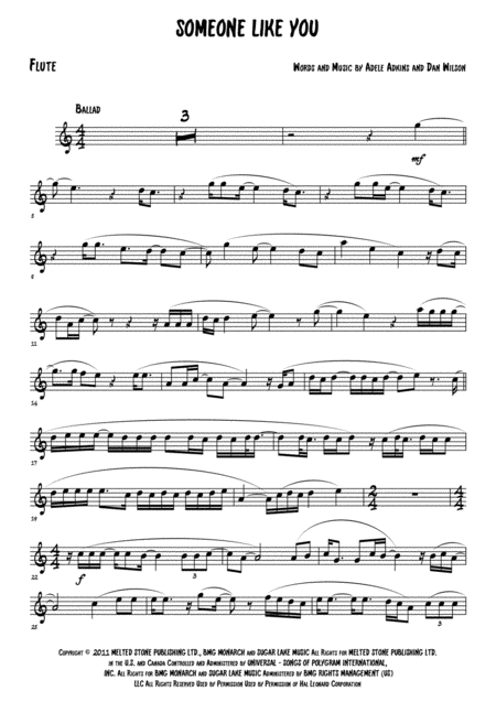 Someone Like You Flute Piano Sheet Music