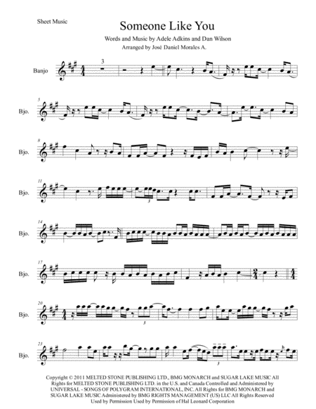 Free Sheet Music Someone Like You For Banjo