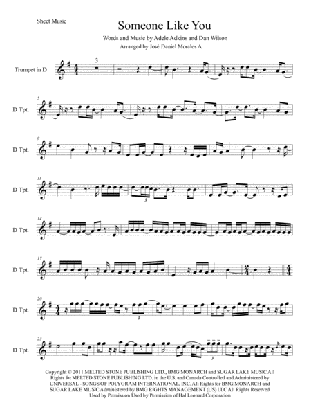 Someone Like You For Trumpet In D Sheet Music