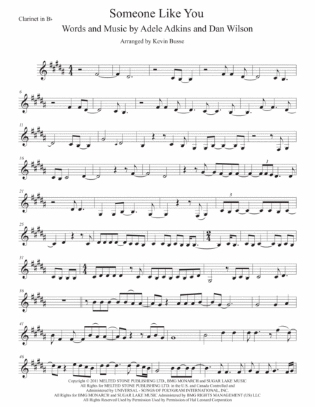 Someone Like You Original Key Clarinet Sheet Music