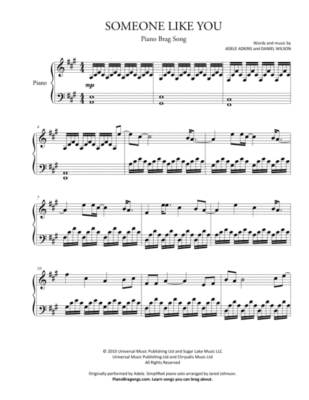 Someone Like You Short Piano Solo Sheet Music