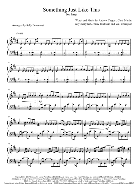 Something Just Like This The Chainsmokers Cold Play For Solo Harp Sheet Music
