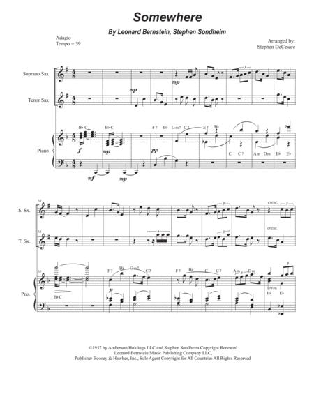 Somewhere Duet For Soprano And Tenor Saxophone Sheet Music