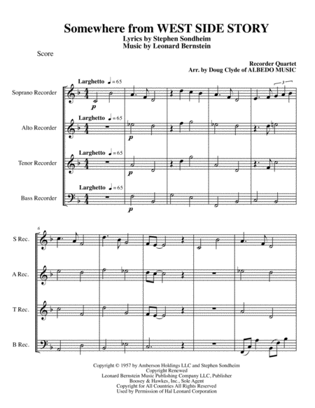 Somewhere From West Side Story For Recorder Quartet Sheet Music