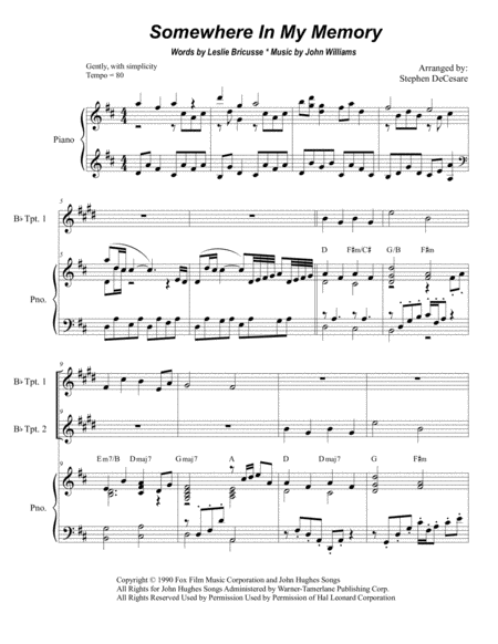 Free Sheet Music Somewhere In My Memory Duet For Bb Trumpet
