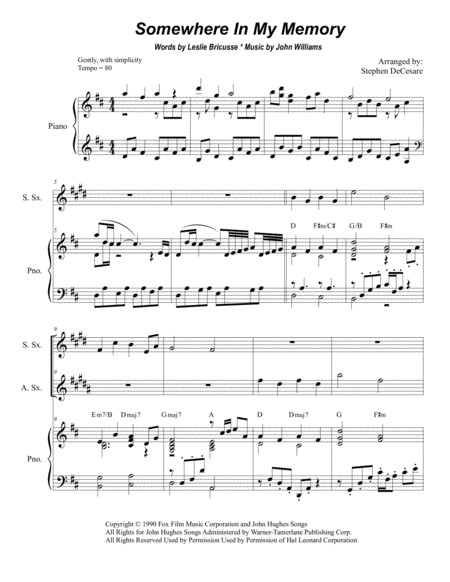 Somewhere In My Memory Duet For Soprano And Alto Saxophone Sheet Music