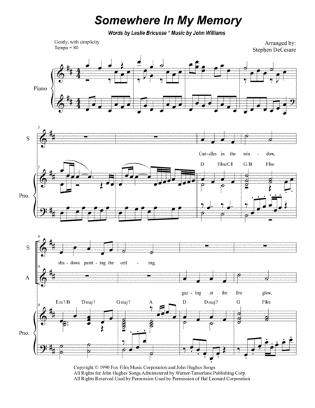 Somewhere In My Memory Duet For Soprano And Alto Solo Sheet Music