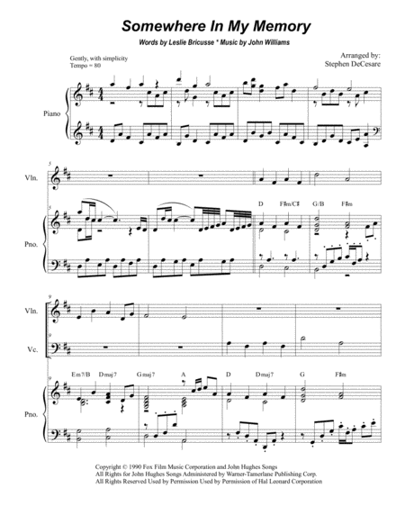 Somewhere In My Memory Duet For Violin And Cello Sheet Music