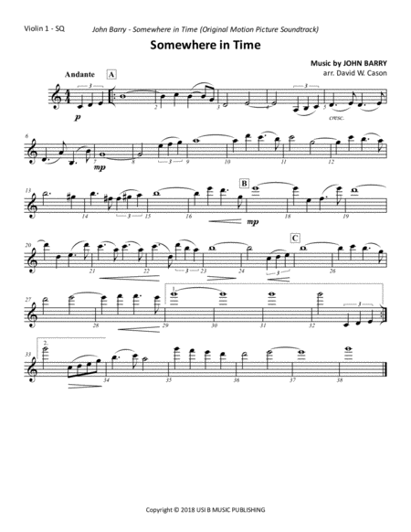 Free Sheet Music Somewhere In Time Theme String Quartet