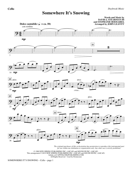 Somewhere Its Snowing Arr John Leavitt Cello Sheet Music