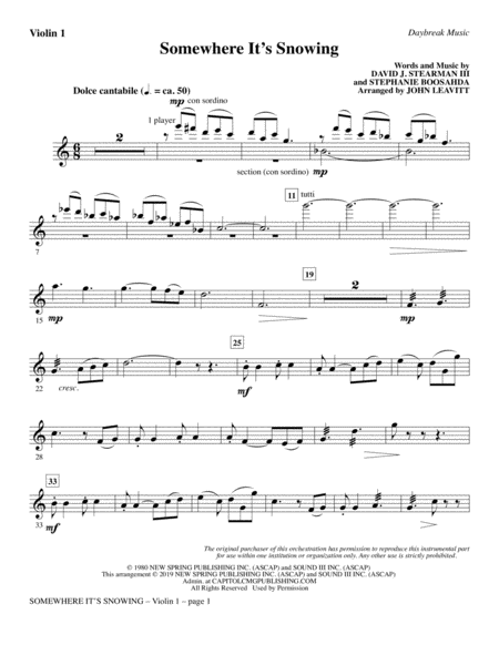 Somewhere Its Snowing Arr John Leavitt Violin 1 Sheet Music