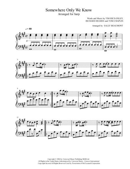 Somewhere Only We Know Arranged For Harp Sheet Music