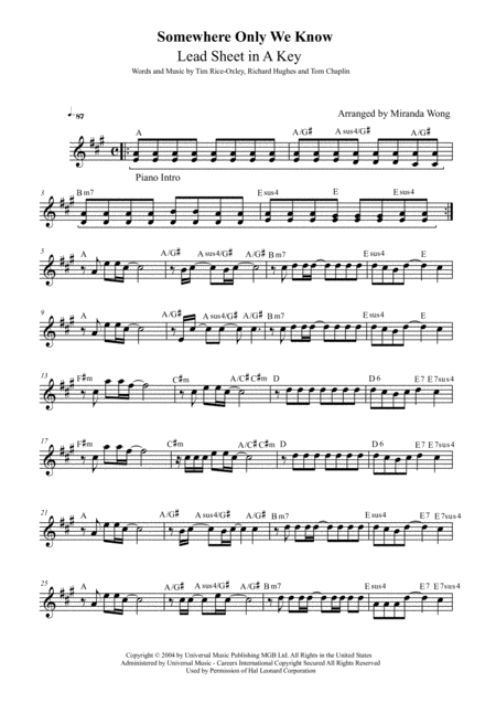 Somewhere Only We Know Lead Sheet For Tenor Or Soprano Saxophone Piano Accompaniment Sheet Music