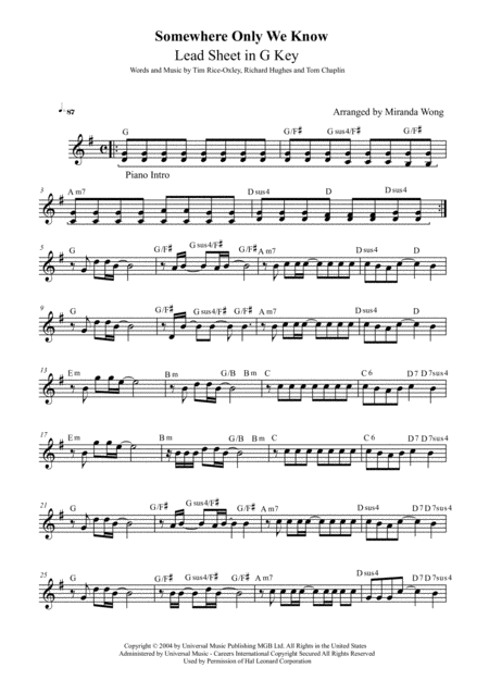 Somewhere Only We Know Lead Sheet In G Key With Chords Sheet Music