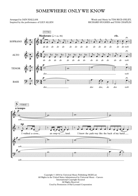 Somewhere Only We Know Satb A Cappella Sheet Music