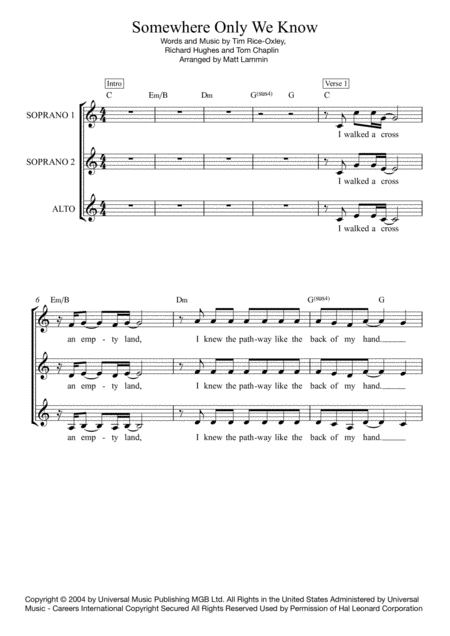 Somewhere Only We Know Ssa Sheet Music