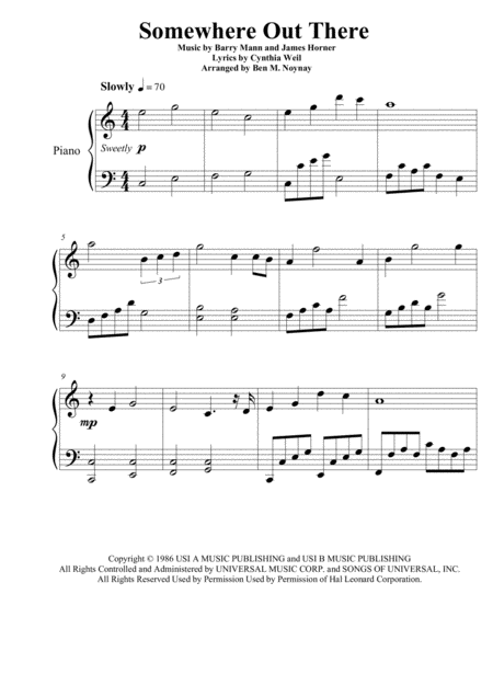 Somewhere Out There Piano Solo Sheet Music