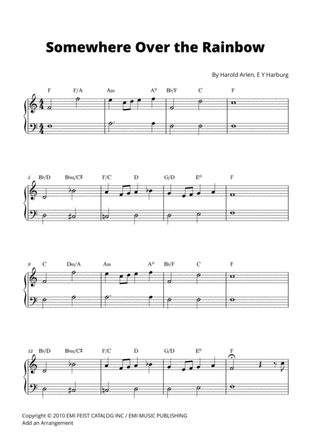 Somewhere Over The Rainbow Beginner Piano Sheet Music