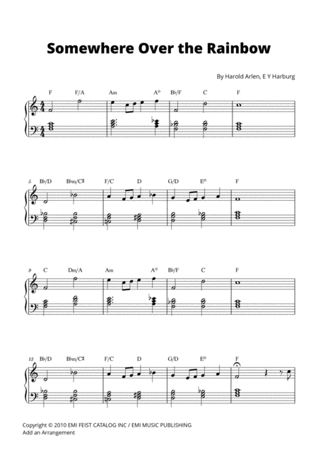 Free Sheet Music Somewhere Over The Rainbow Early Intermediate Piano