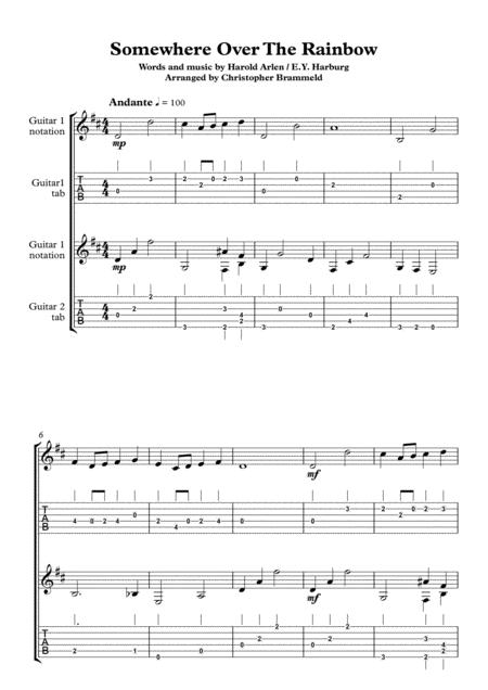 Free Sheet Music Somewhere Over The Rainbow Easy Guitar Duet