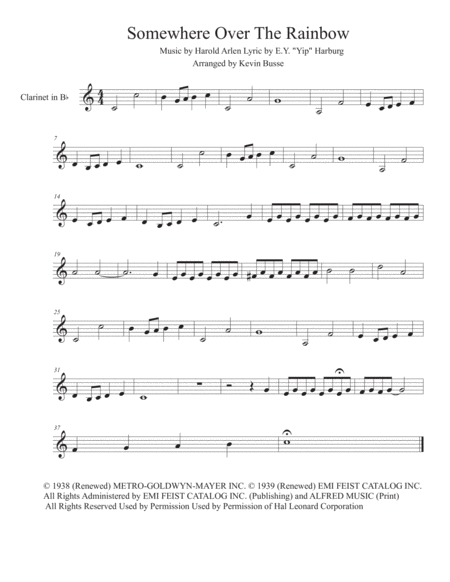 Somewhere Over The Rainbow Easy Key Of C Clarinet Sheet Music