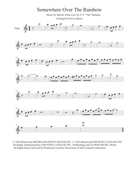 Free Sheet Music Somewhere Over The Rainbow Easy Key Of C Flute