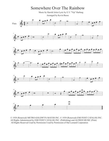 Somewhere Over The Rainbow Easy Key Of C Flute Sheet Music