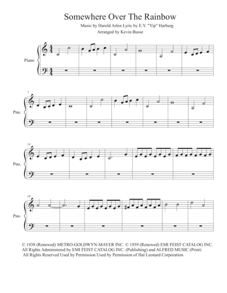 Somewhere Over The Rainbow Easy Key Of C Piano Sheet Music