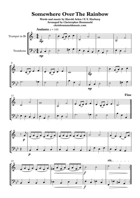 Free Sheet Music Somewhere Over The Rainbow Easy Trumpet And Trombone Duet