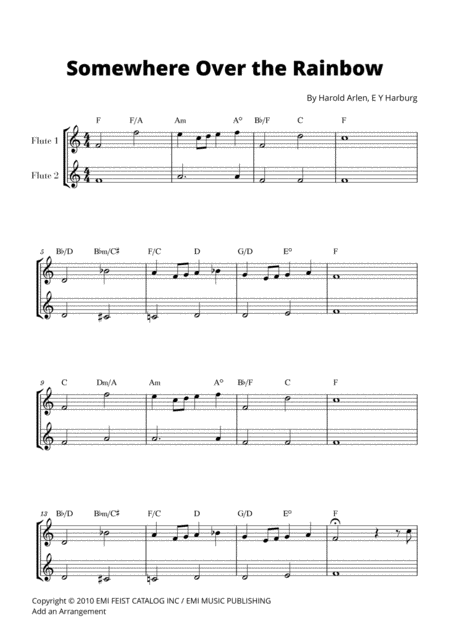 Somewhere Over The Rainbow For 2 Flutes Sheet Music