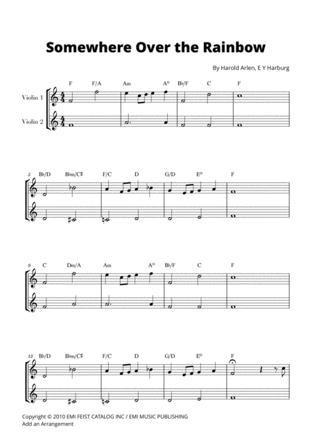 Somewhere Over The Rainbow For 2 Violins Sheet Music