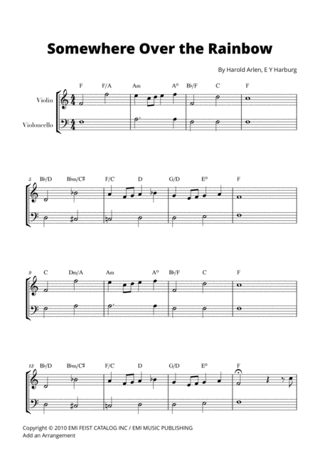 Free Sheet Music Somewhere Over The Rainbow For Violin And Cello