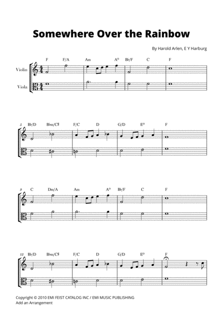 Somewhere Over The Rainbow For Violin And Viola Sheet Music